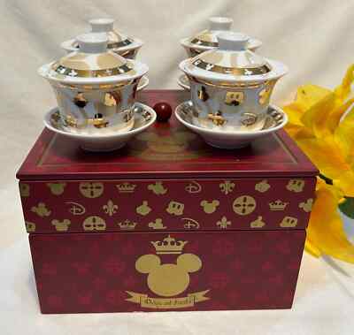 Disney Mickey & Friends Fine China White Gold 12-pc Lidded Tea Set w/Saucers