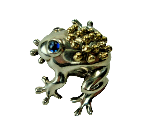 TIFFANY & CO STERLING SILVER AND 18K GOLD WITH SAPPHIRE EYE FROG PIN BROOCH - Picture 5 of 21