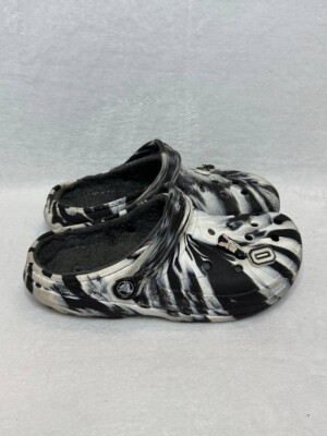Crocs Unisex White Black Marbled Print Classic Clogs Faux Fur Lining Size M6 W7