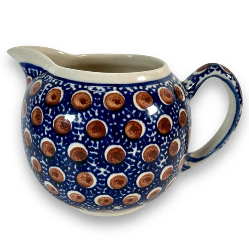Boleslawiec Zaklady Polish Pottery Pitcher Peacock Blue w Brown Dots  32 oz
