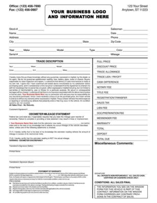 100 Custom Used Vehicle Automotive Bill Of Sale / 2 Part / 8.5 x 11 TMG010