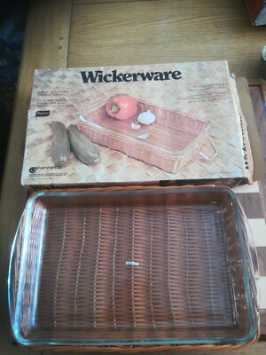Vintage Korbgeflecht Glasbacken von Jeannnette Handarbeit Korb + Backen&Serve + Box