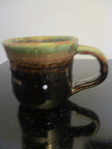 Vintage  Art Pottery Heavy Glazing Hand Thrown Green Brown Coffee Tea Mug Signed
