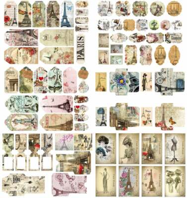 6 A4 Scrapbook Papier Ausschneidebogen Bastelpapier Vintage Paris Ephemera 300g