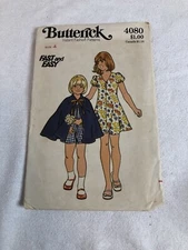 Vintage Butterick Sewing Pattern 4080 Girls Cape  & Dress 1970's Size 4