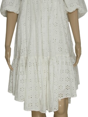 UO Whisper Eyelet Babydoll Mini Dress Embroidered Puff Sleeve White Tie  Back XS