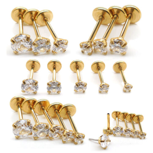 20G Nose Ring 2-4mm Gold Tone Ear Helix 1/4" 5/16" Threadless Push Pin CZ Stud - Picture 1 of 13