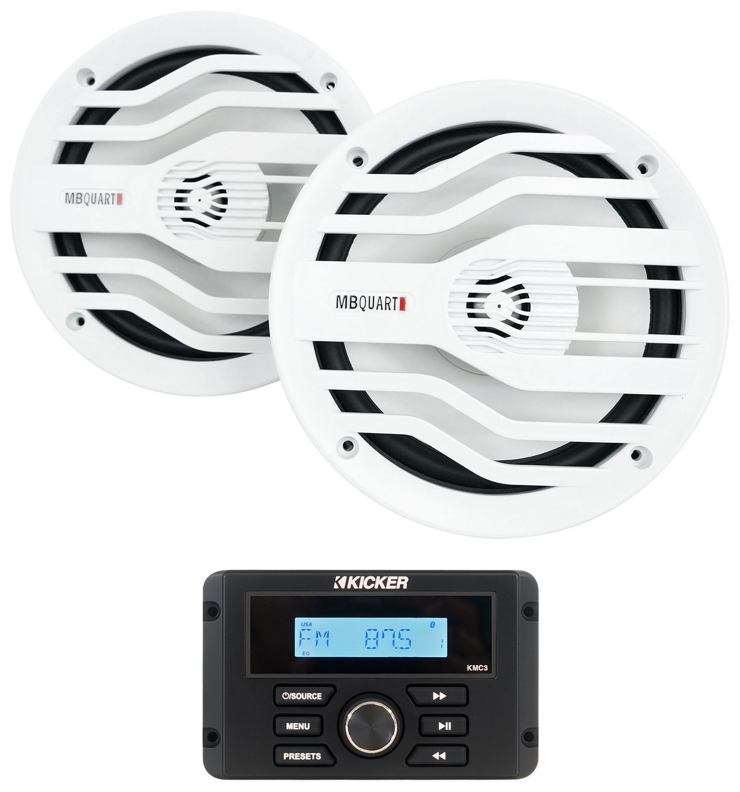 Морской ресивер Kicker KMC3 с Bluetooth 2 белыми динамиками емкостью 65 Кварт