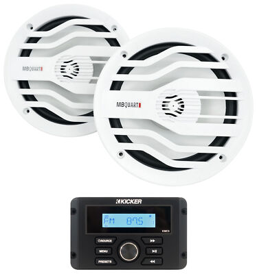 Kicker KMC3 Marine Receiver w/Bluetooth+(2) White MB Quart 6.5'' Speakers