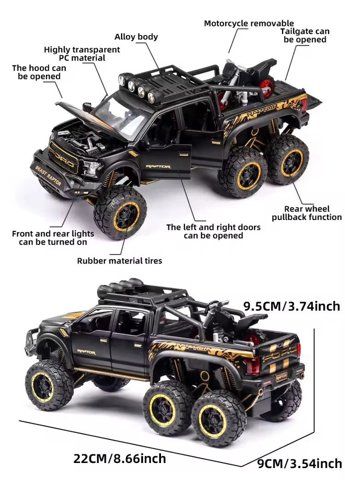 New 1:24 Pickup Trucks Boys F150 Raptor Diecast Metal Model Car Sound Gift UK - Image 3 of 4
