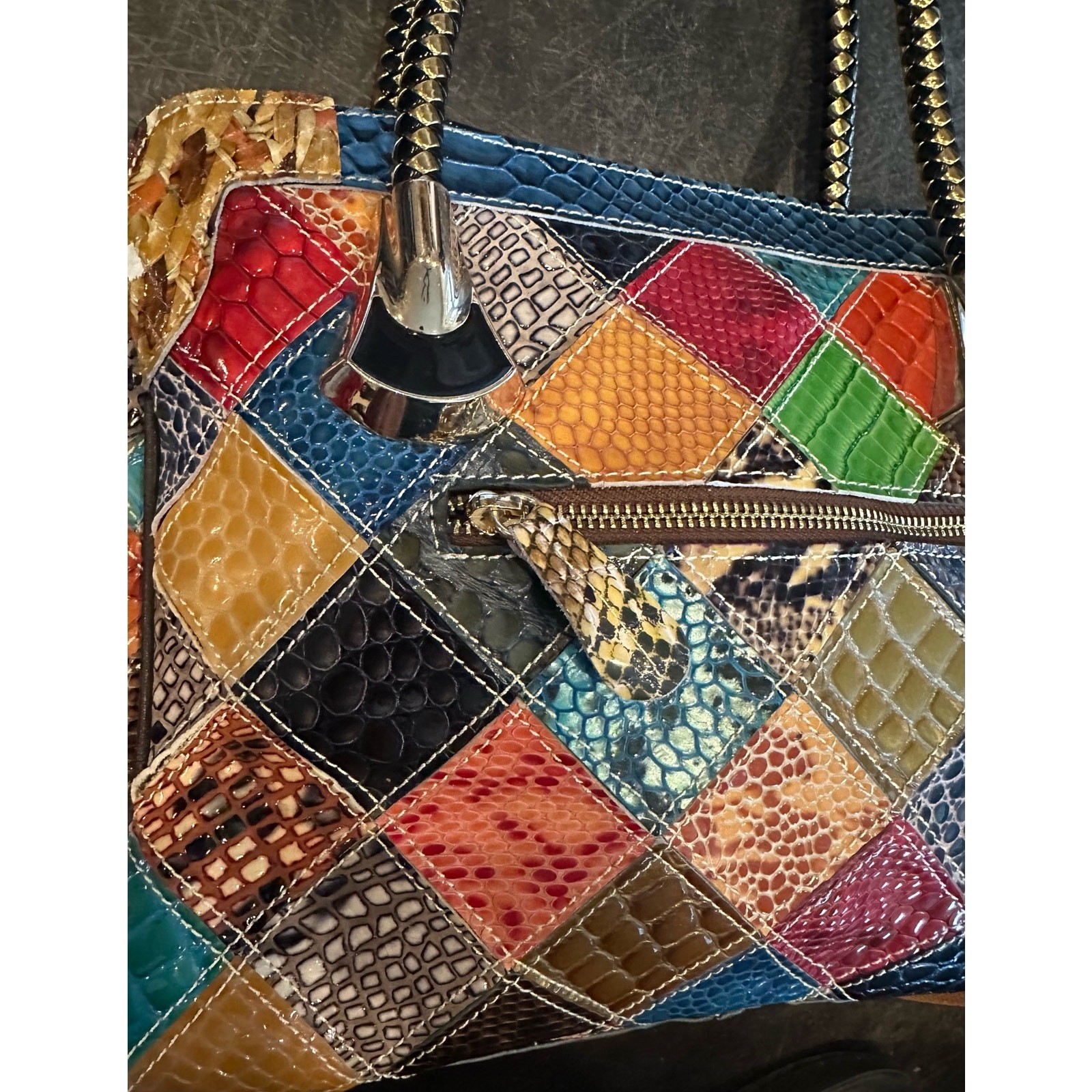 Vintage Leather Snake Blocks Patchwork Handbag Sa… - image 5