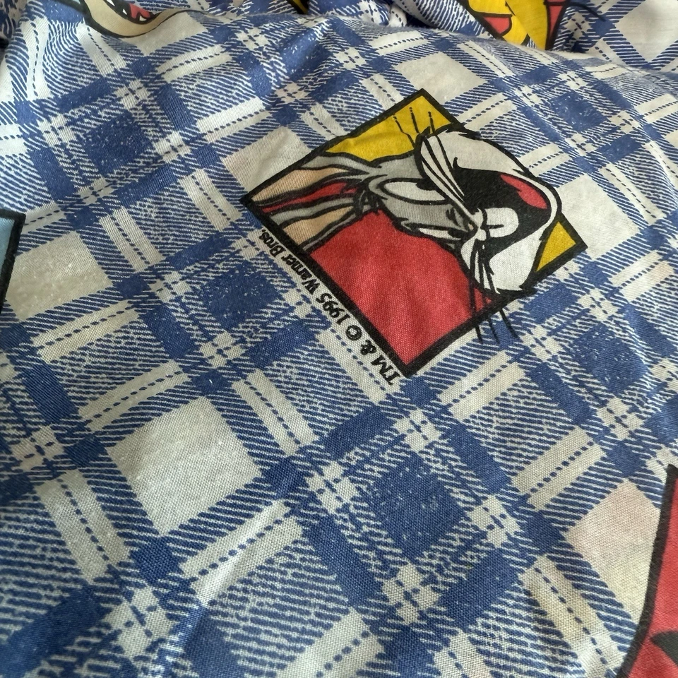 Vintage 1995 Looney Tunes Twin Sheets Set - Flat & Fitted Plaid Bugs Taz Tweety - Image 3 of 4