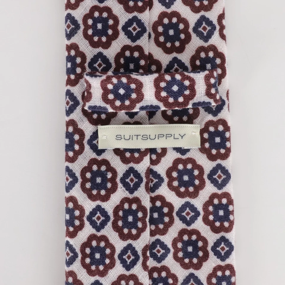 SUITSUPPLY Corbata de Lino Blanca con Rojo Azul Patrón Geométrico Hecha en Italia Larga Foto 3 de 4