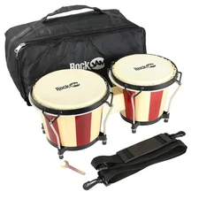 RockJam 7 and 8 Bongo Drum Set with Padded Bag and Tuning Key, Red and Natural