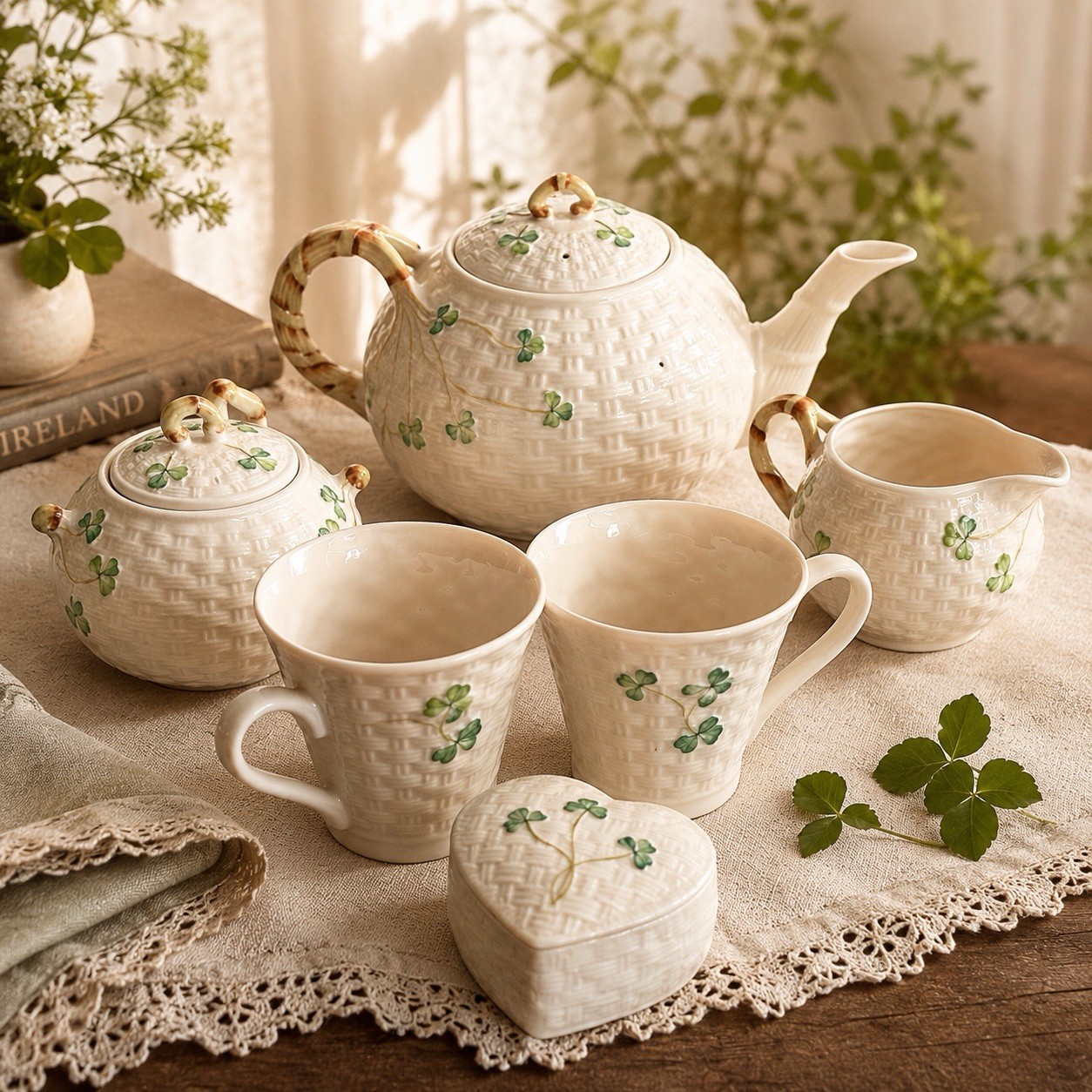 NEW Belleek Ireland Shamrock Tea Set Teapot Creamer Sugar Cups Trinket Box