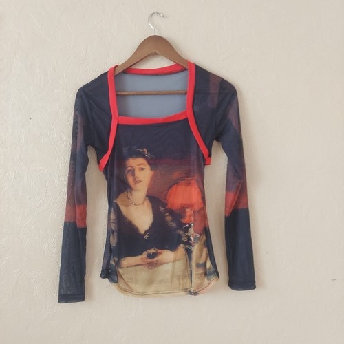Transparent Mesh Renaissance Portrait Langarm Square Neck Top (geschätzt) Gr. Small