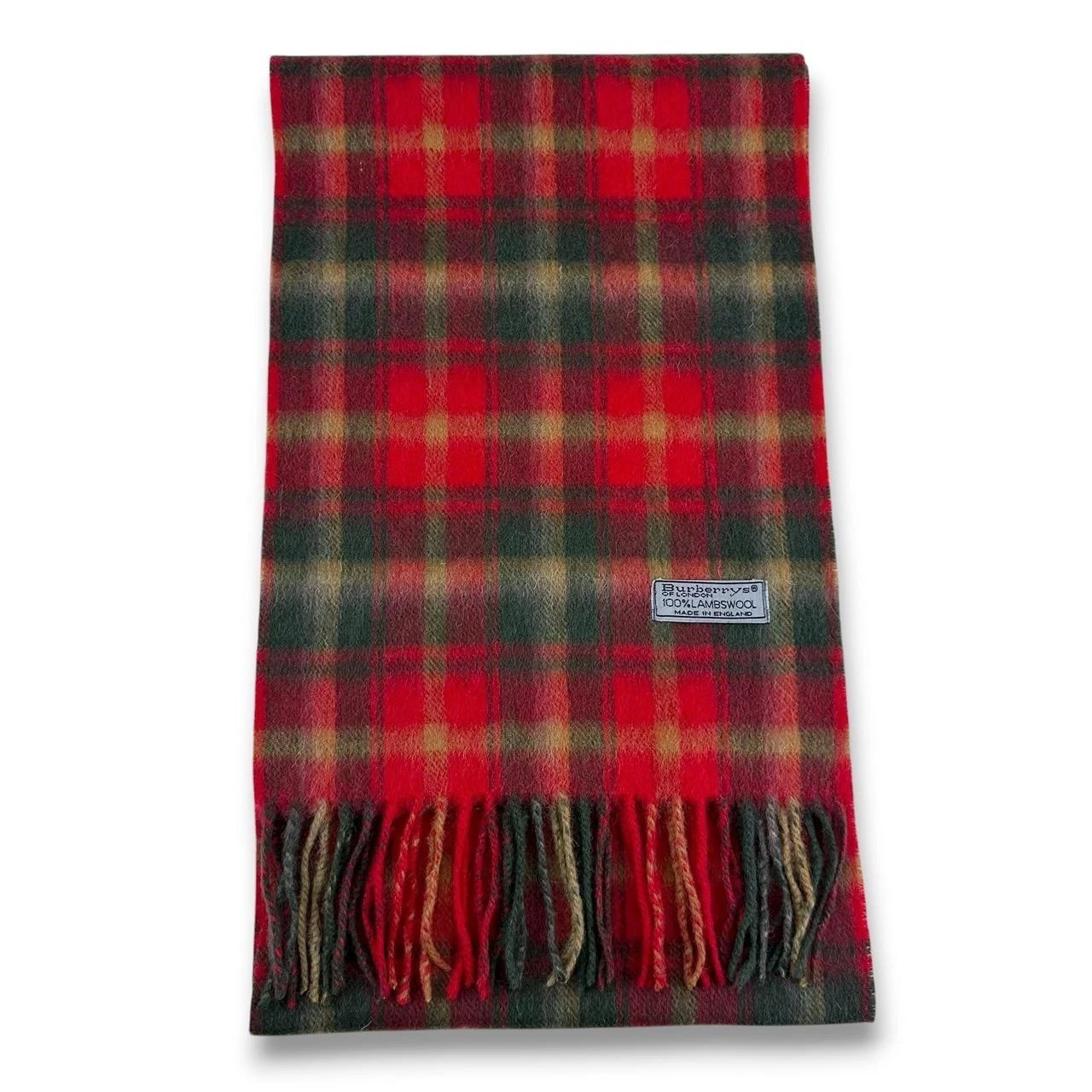 Vintage Burberry 100% Wool Lambswool Checked Scarf, Red Green & Tan (A125)