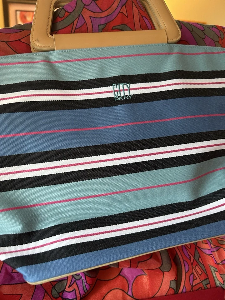 DKNY City Multi-Colored Blue Navy Striped Shopper Beach Handbag Purse Leather - Image 2 of 4