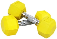 Signature Fitness Colored Rubber Encased Hex Dumbbell, 15LB Pair, M