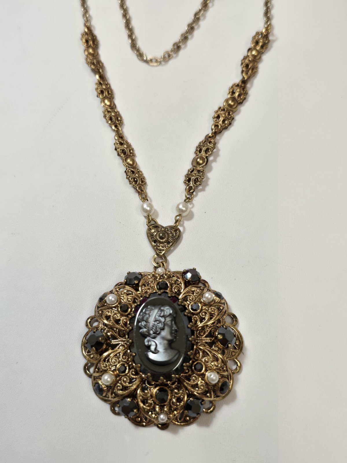 Vintage West Germany Black Hematite Cameo Rhinestone Necklace | eBay