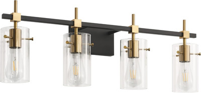 Vintage Farmhouse Brass Bathroom Vanity Light Fixture with Glass Shade, 4 Lights