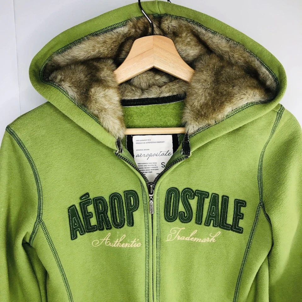 Sudadera con capucha vintage Y2K Aeropostale para mujer adolescente talla S piel con capucha verde salvia media cremallera Foto 3 de 4