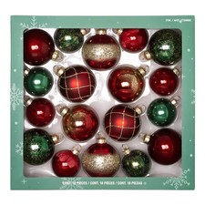 18 GLASS CHRISTMAS ORNAMENTS 1739865, RED/GREEN DISTRESSED PKG