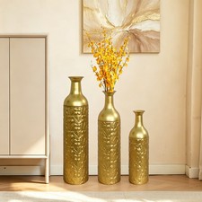 Set of 3 Gold Leaf Pattern Metal Floor Vases 17.4" 22.8" 27.6"