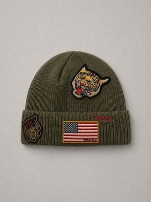 Polo Ralph Lauren Tiger Patch Beanie Olive Green Knit Hat USA Flag PRL