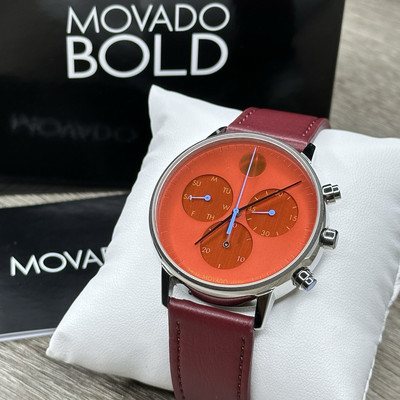 NEW SWISS  Movado FACE Red Dial Burgundy Leather 43mm Chrono Men's Watch 3640102