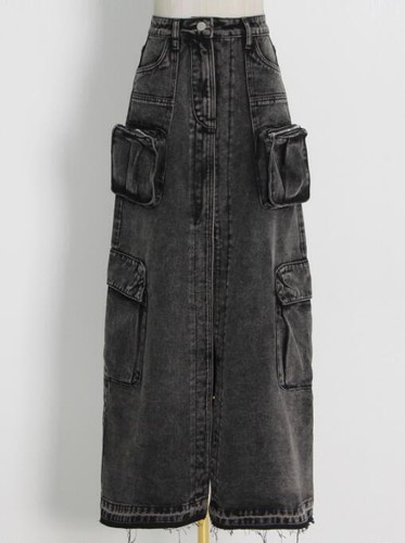Women's 2024 Fashion 3D Multi Pockets Slit Denim Hip Package Cargo Skirt 3008  - Picture 4 of 9