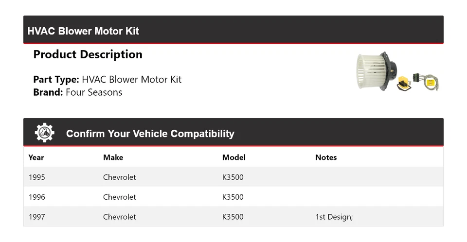 Kit de motor soprador HVAC Chevrolet K3500 1995-1997 4 estações 1996 - Imagem 2 de 3