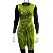 Femmes Strass Maille Filet Mini Robe sans Manche Creusé Transparent Paillette