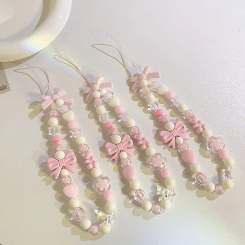 Pink Bowknot Cellphone Lanyard Phone Chains For Women Girls Bead Phone Charm - Zdjęcie 2 z 3