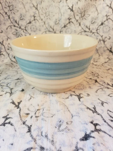 Vtg Brush Pottery USA 6"  Kitchen Mixing Serving Bowl Ringed Cream w Blue Stripe
