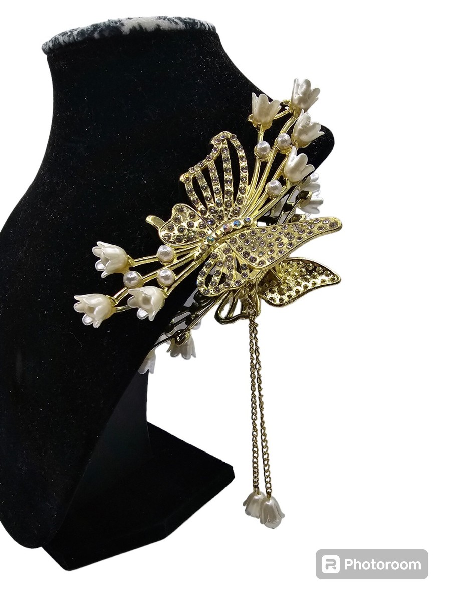 NWOT Women Metal Butterfly Barrette Pearl Rhinestone Claw 
