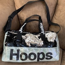 JUSTICE HOOPS DUFFLE BAG SHIMMERING SILVER FLIP SEQUINS SUPER CUTE 