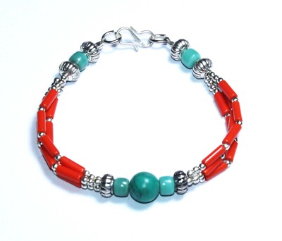 Tibetan Turquois Red Coral Gemstone Handmade Nepali Bracelet 7-8.5 Inches