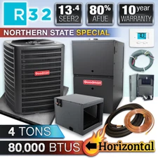 Goodman 4 Ton 80K BTU 80% R32 Air Conditioner & Horizontal Gas Furnace System