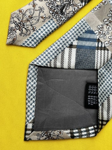 Authentic ROBERTA BALDINI Plaids Check Flowers Design On Cream Silk Necktie Tie - Picture 6 of 12