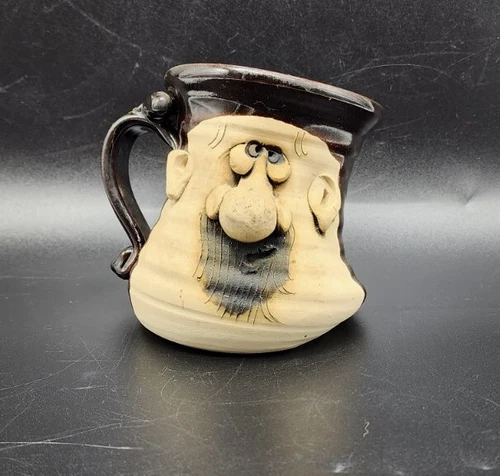 Vintage Pottery Mug Handle Funny Face Signed Petrie Lopsided Nose Crosseyed 3D 