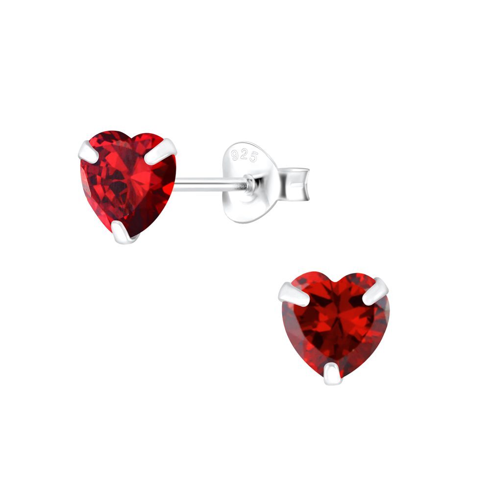 6mm Heart Shaped Red CZ Garnet Stud Earrings in 925 Sterling Silver