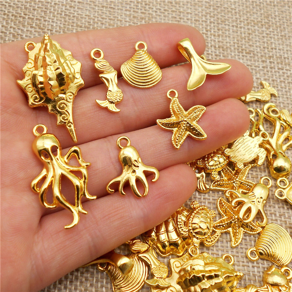 50 gram Mix Sea Life Alloy Charm Gold Fish Shell Pendant Bracelet