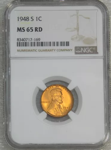 1948-S Lincoln Cent NGC MS65RD Bright Red with Superb Luster, PQ #T100C