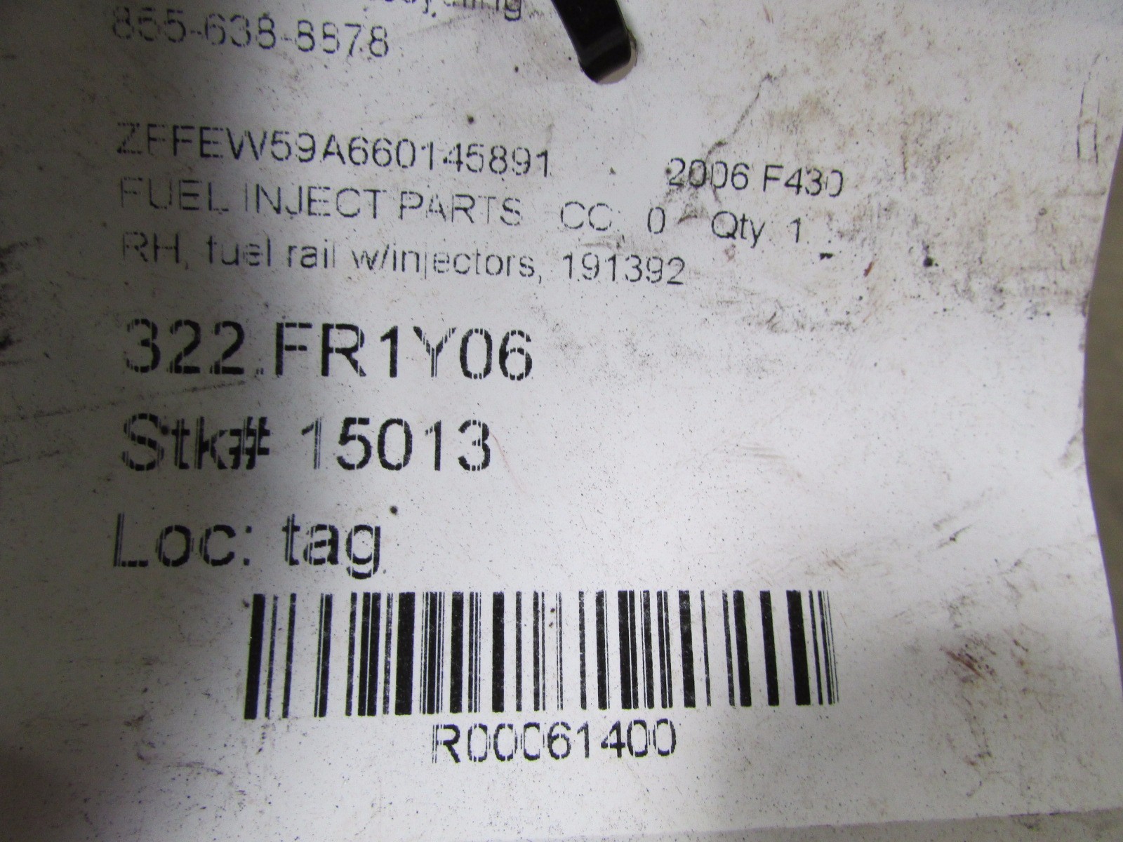 Ferrari F430, RH Fuel Rail With Injectors, Used, P/N 191392