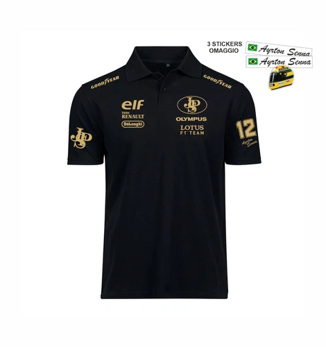 Ayrton Senna 90s John Player LOTUS F1 Replica Black Polo + Free Stickers