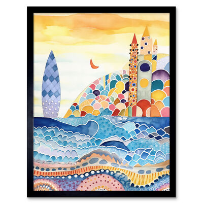Abstract Seascape Waves On Beach Modern Folk Art Framed Art Picture Print 9X7 In