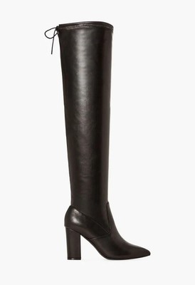 Aubriana by JUSTFAB (SHOEDAZZLE) Black faux leather 3.5'' heel OTK boots, SZ 7.5