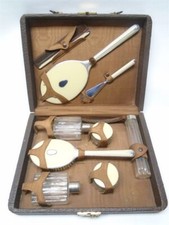 Vanity Dresser Set Case, 9 PC, Mirror Brush Comb Vanity Jars Vintage Art Deco