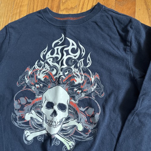 Y2K Old Navy Skulls & Dragon T-Shirt Goth Skater Grunge Kids Medium Glow In Dark - Picture 2 of 8